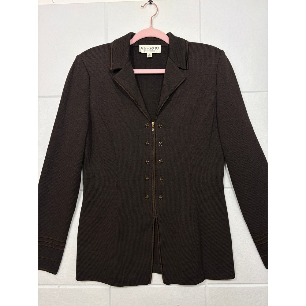 St. John Collection Marie Gray Brown Santana Knit Zip Front Studded Jacket 12 - Picture 10 of 10